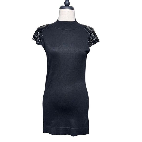 Cache Sweaters - Cache Short Sleeve Mock Turtleneck Embellished Tunic Sweater Medium